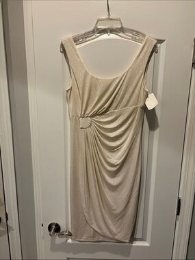connected apparel Cream Sparkle Sleeveless Draped Midi Dress